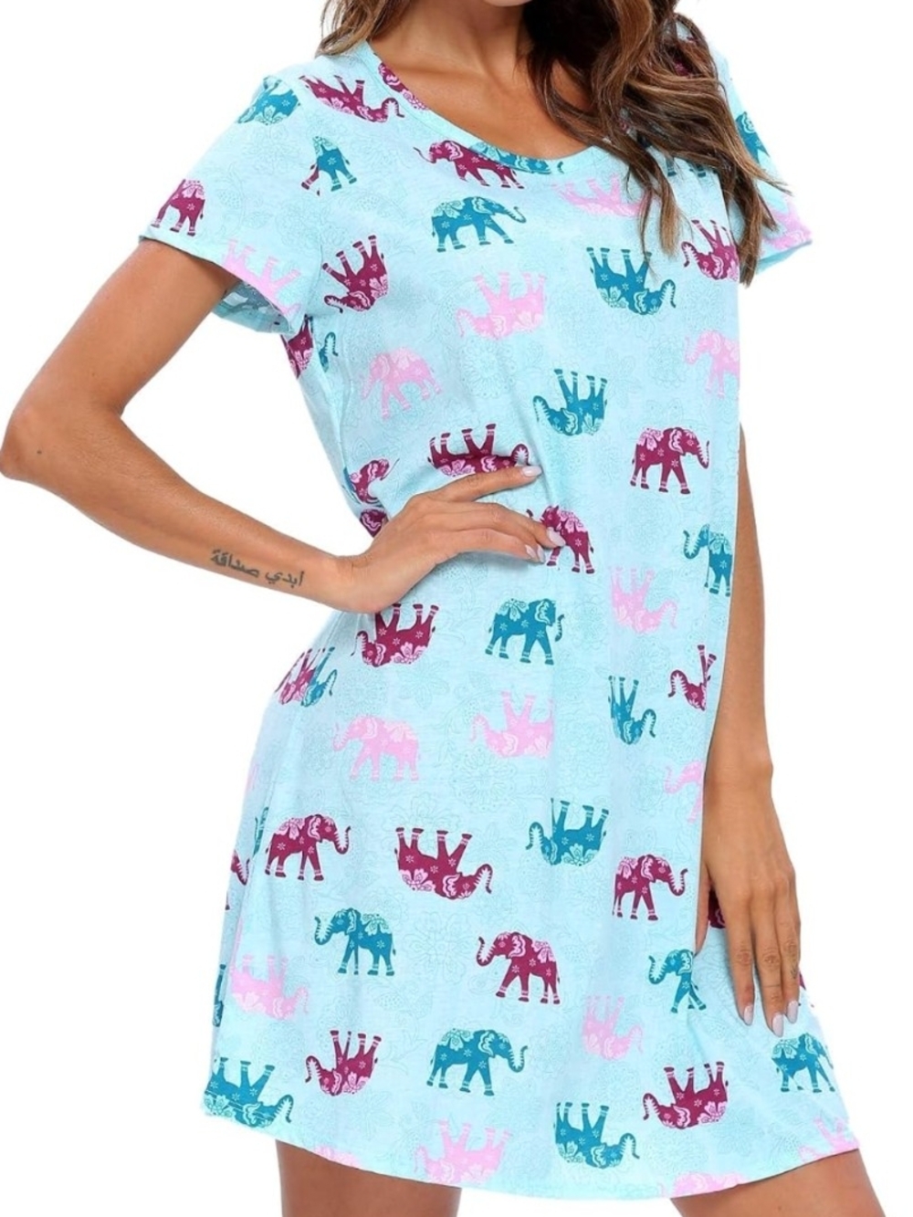 ENJOYNIGHT Womens Nightgowns Cotton Sleepwear Blue Elephant Size L (EUC)